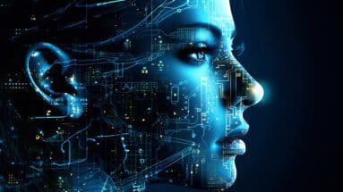 womans face with computer board overlay